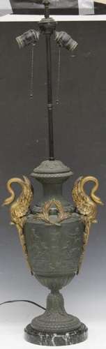 FRENCH CAST METAL FIGURAL LAMP W/ SWANS, 1900'S