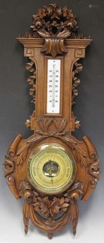 VICTORIAN CARVED WALNUT BAROMETER, 30