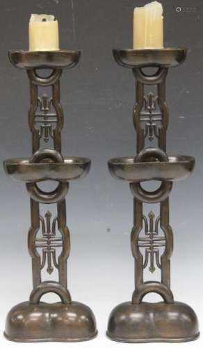 PAIR OF CHINESE CARVED WOOD CANDLE STANDS, 19