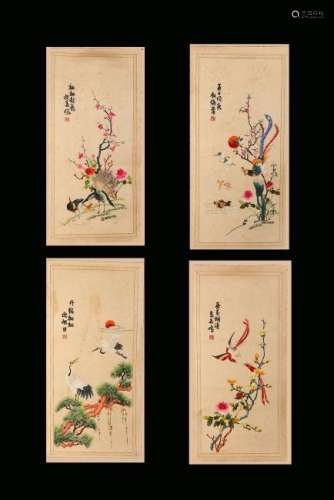 A SET OF FOUR EMBROIDERED SILK PANELS.ANTIQUE
