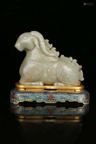 A JADE CARVED GOAT AND CLOISONNE ENAMEL STAND.