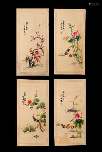 A SET OF FOUR EMBROIDERED SILK PANELS.ANTIQUE