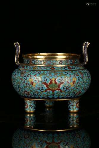 A GILT-BRONZE CLOISONNE ENAMEL TRIPOD CENSER AND