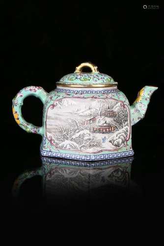 A ENAMELLED YIXING TEAPOT AND COVER.ANTIQUE