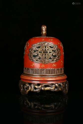 A RED-GLAZED GILT-DECORATED CENSER.MARK OF QIANLONG