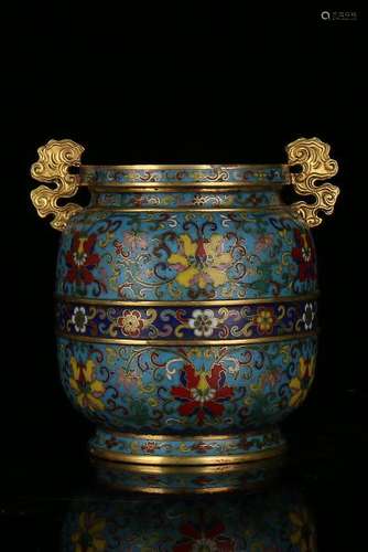 A SMALL GILT-BRONZE CLOISONNE ENAMEL  JAR.MARK OF