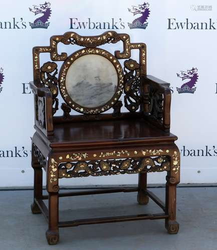 A Chinese wood armchair with rectangular seat, and circular mottled white marble inlaid back rest;