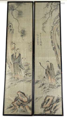 A pair of Chinese textile pictures, each one of a standing scholar or Daoist. One figure standing