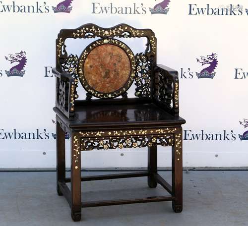 A Chinese wood armchair with rectangular seat and orange marble inlaid, back rest; each side with