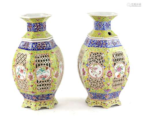 Pair of 20th century Chinese famille rose hexagonal reticulated sectional lanterns, the yellow