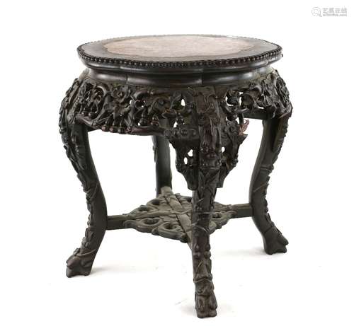 A Chinese hardwood and stone inlaid stand, of typical circular and reticulated form, 40 cm