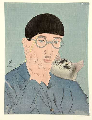 A Japanese picture of Fujita Tsuguhara (1886-1968) with a cat, 40 x 29 cm; together with eight other