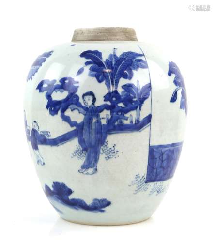 A Chinese blue and white oviform vase, decorated with a Lady and two boys in a garden landscape;