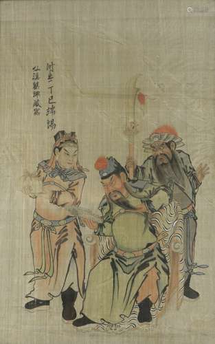 A Chinese textile picture of 'The Three Heroes of Han' (Liu Bei, Guan Yu and Zhang Fei) beside a