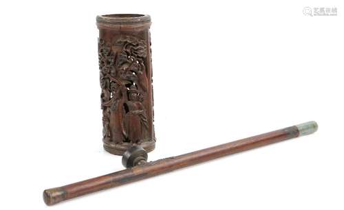 A Chinese bamboo bitong, or other vessel, of typical cylindrical form decorated with a reticulated