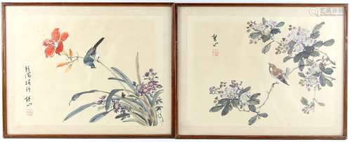 Six Chinese Pictures, comprising: Two depicting birds perched on flowers, 46.5 x 37 cm; two also