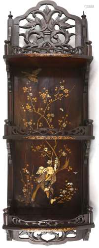 A pair of Japanese Export shelves; each one decorated with a kacho-ga of sparrows and flowers