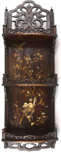 A pair of Japanese Export shelves; each one decorated with a kacho-ga of sparrows and flowers