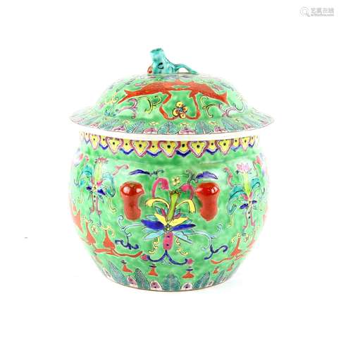 A famille rose Kamcheng for the Peranakan market, with domed cover and animal finial, decorated on