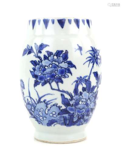 A Transitional, or Transitional style, blue and white oviform vase with glazed base, decorated