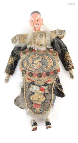 A Manchu/Chinese doll with wooden head and feet, detachable head dress, hair moustache and