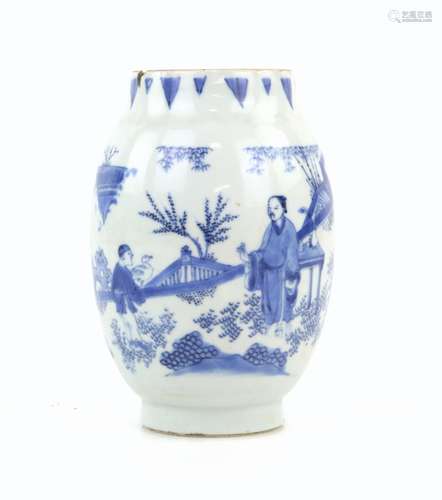 A Transitional or Transitional style, blue and white oviform vase, decorated with a narrative