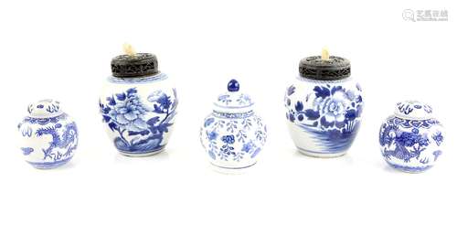 Five blue and white oviform jars, including: two decorated with large flowering peony, overall