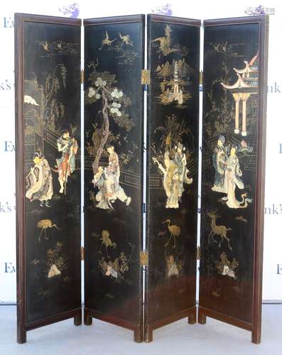 A Chinese four-leaf screen decorated with the Eight Immortals of Daoism; each leaf about 183 x 46