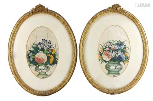 A pair of Chinese Rice or Pith Paper pictures; each one depicting an arrangement of various flora