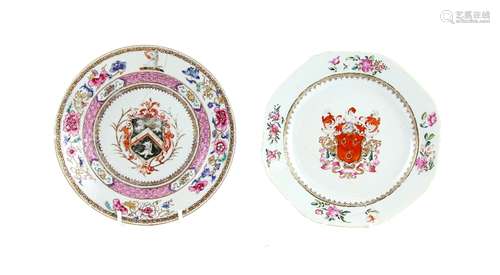 A famille rose plate, decorated with two birds beside peony, 24 cm diameter, Yongzheng/Qianlong; a