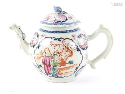 A Chinese Export teapot and cover, decorated with panels depicting a Manchu/Chinese family in