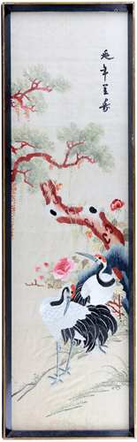 Two Chinese textile pictures: one portraying the Daoist theme of red-capped cranes beneath pine; the