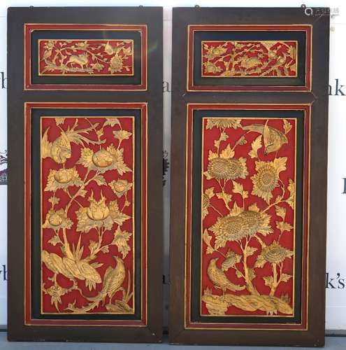 A pair of red and gilt lacquered, rectangular wood panels; each one about 136 x 62 cm and