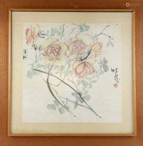 A pair of Chinese facsimile pictures; each one of an abstract floral design with a red seal; both