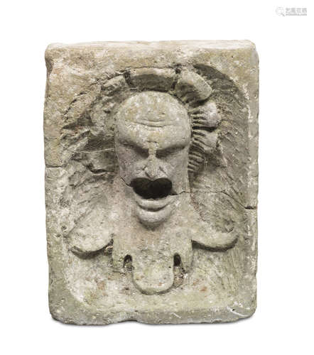 SMALL HIGH-RELIEF SCULPTURE IN PEPERINO, 16TH CENTURY fountain spout sculpted to classical head.