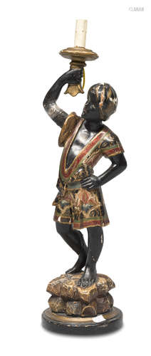 SCULPTURE OF A TORCHHOLDER MOOR, 19TH CENTURY in black, polychrome and gold lacquered wood. Measures