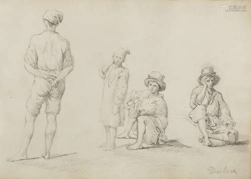 THEODORE DUCLERE (Naples 1816 - 1869) Men Pencil on paper, cm. 16 x 21 Signed bottom right Gilded