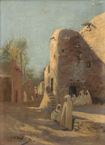 FRENCH PAINTER, 19TH CENTURY Arabic village Oil on panel, cm. 33 x 23 Signed 'Huem', located and