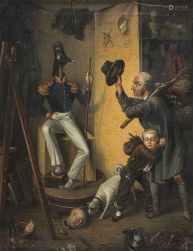 EUROPEAN PAINTER, 19TH CENTURY Artist's study with manikins and wayfarers Oil on canvas, cm. 42 x 33