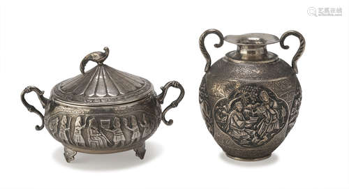 SILVER VASE AND SUCRIER, PROBABLY ETHIOPIA, EARLY 20TH CENTURY decorated with scenes of daily life