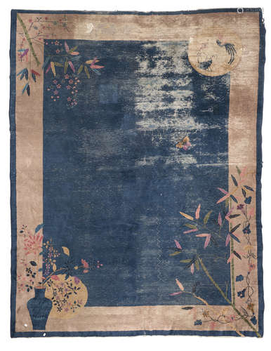 RARE CHINESE CARPET, PEKING 19TH CENTURY empty blue field, with design of bamboo, sacred jewel,