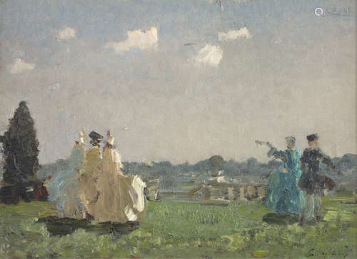 EMMA CIARDI (Venice 1879 - 1933) Figures in the park Oil on panel, cm. 21 x 29 Signature bottom