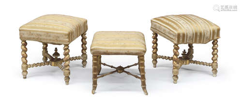 THREE GILTWOOD STOOLS, NAPLES 19TH CENTURY with faux bamboo legs and stretchers with pinnacles.