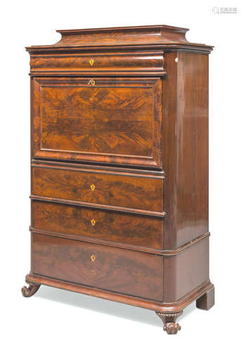 BEAUTIFUL SECRETAIRE IN FEATHER MAHOGANY, PROBABLY GERMANY, PERIOD CHARLES X with urn top, inside