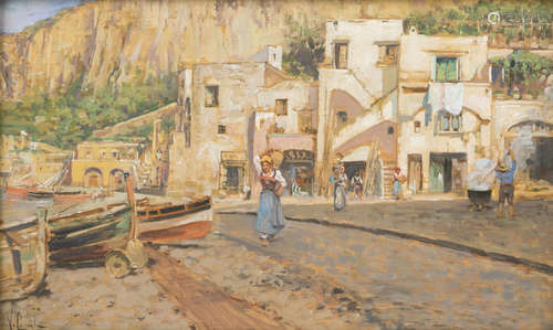 VINCENZO CAPRILE (Naples 1856 - 1936) Houses at the shore, Capri Oil on panel, cm. 17,5 x 29 Signed,