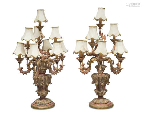 A PAIR OF CANDELABRA IN LACQUERED WOOD, 20TH CENTURY of eighteenth-century style, with finishes in