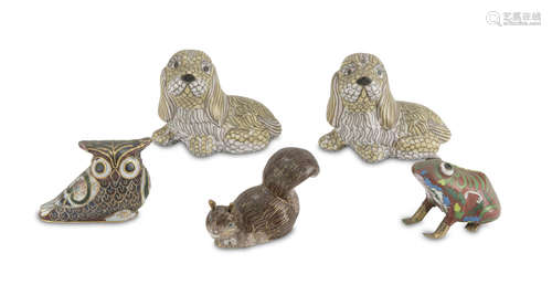 FIVE SMALL CLOISONNÉ SCULPTURES, CHINA 20TH CENTURY representing two dogs, an owl, a squirrel and