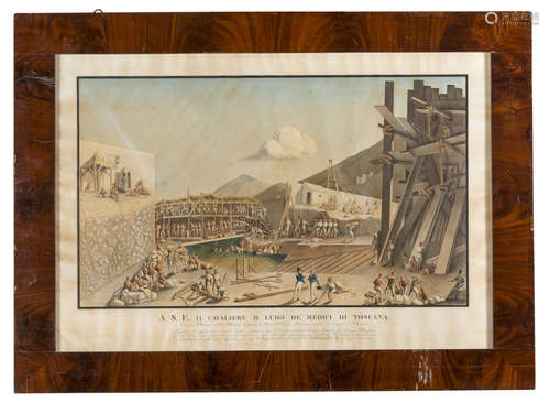 GIOVANNI CAPALDO (19th century) Construction of the launch of Castellamare Pencil and tempera on