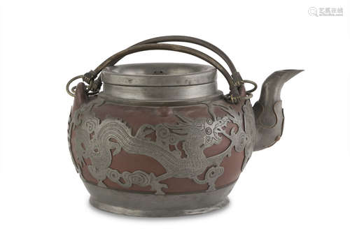 CERAMIC TEAPOT, CHINA 20TH CENTURY decorated with inserts in metal to motifs of dragon, sacred jewel