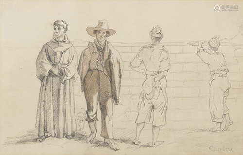 THEODORE DUCLERE (Naples 1816 - 1869) Men and monk Figures Pair of drawings on yellow paper cm. 12,7